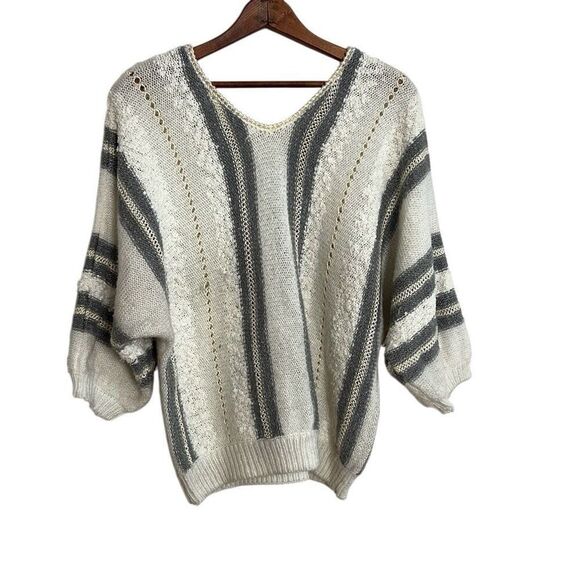 Style Impax Stripe V-Neck Balloon Sleeve Knit Pullover Sweater Gray Cream 40/20W - Picture 1 of 7